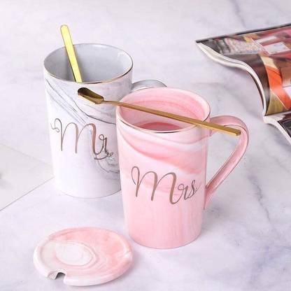 Galox Mr. & Mr. Couple Set With Lid & Spoon Best For Gifts Ceramic Coffee Mug