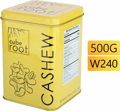 CUBE ROOT 100% Natural Premium Whole Cashew Nuts W240 | 500gm (17.6 OZ) | Metal container| Vacuum packed| Perfect for gifting. Cashews