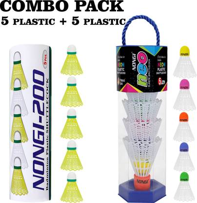 Nongi Badminton Shuttle (NEO & 200) Combo Pack Of 10 Shuttle For Indoor Outdoor Sports Plastic Shuttle  - White, Yellow