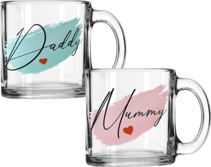 V Kraft Pack of 2 Glass "MUMMY AND DADDY" Unique Transparent Glass Mug Gift for mom dad, anniversary