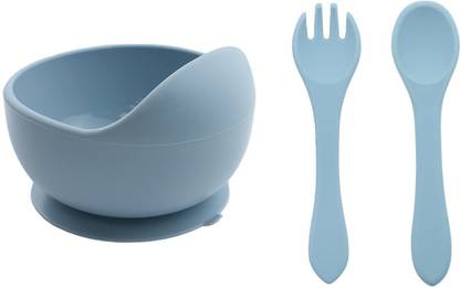 GUCHIGU Baby Feeding Bowl , Spoon & Fork Set with Suction Base Made of 100% BPA Free  - Silicone