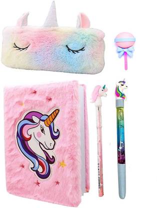 Neel Unicorn Stationery Gift Combo-5pcs Fur Pouch/diary/pen/pencil & Eraser for Kids Unicorn GIFT set Art Plastic Pencil Box