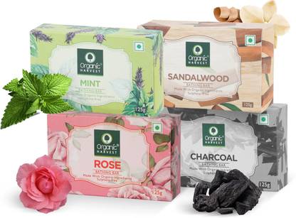 Organic Harvest Combo of Rose, Mint, Charcoal & Sandalwood Bathing Soaps 125gm Each