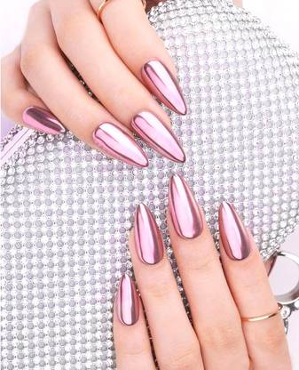 AuraSkin Artificial Metallic Mirror Shine Pink Bridal Nail Fake Nail Art Designs Pink