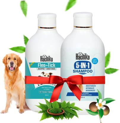 Hachiko Dog & Cat Need (Pack of 2) Dog 5IN1 Shampoo + Dog Flea-Tick Shampoo Allergy Relief, Anti-dandruff, Anti-fungal, Conditioning Artificial Fragrance Free Dog Shampoo