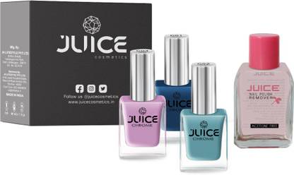 Juice | 3 NAIL POLISH COMBO 08 (COBALT BLUE-C01/TEALBLUE-C02/CHROME LAVENDER-C04) & 1 NAIL POLISH REMOVER | WATERPROOF & LONG LASTING
