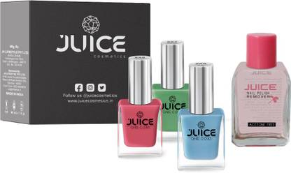 Juice | 3 NAIL POLISH COMBO 02 (PICKLE GREEN-267/ SKY BLUE-268/ CORAL SUNSET-292) & 1 NAIL POLISH REMOVER | WATERPROOF & LONG LASTING