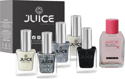 Juice | 5 NAIL POLISH COMBO 34 (SILKY WHITE-S01/BLACK-S03/SPARKLING STARS-S13/SILVER DIVA-S35/MILKY WAY-S37) & 1 NAIL POLISH REMOVER