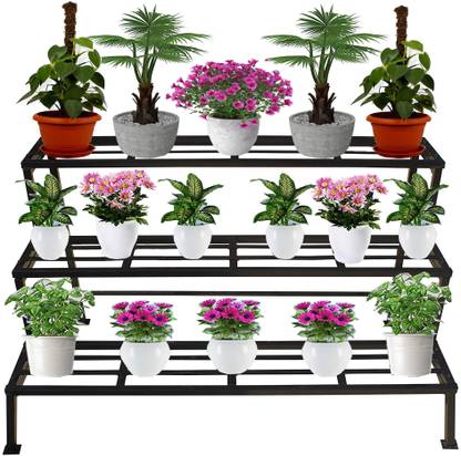 Iron Lands SOLID 3 Step Plant Pot Stand with Protective Base Premium Rack for Home Decor Plant Container Set