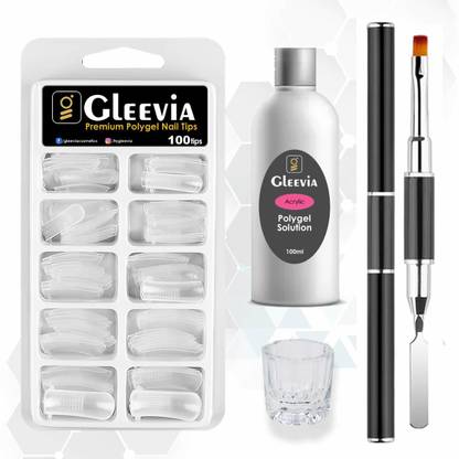 Gleevia Nail Art Extension Combo Kit of Polygel Tips, Slip Solution, Polygel Brush & Dappen Dish