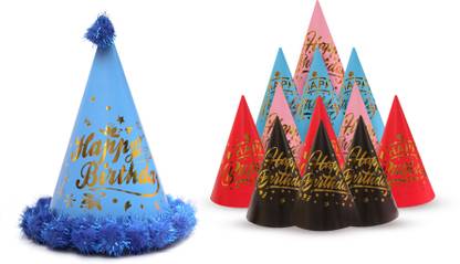 Vmd GOLDEN font Birthday CAP 1 Fancy D.BLUE with 12 colourful Cap for birthday Kids