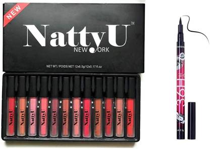 NattyU Beauty Waterproof Matte Set Of 12 Lipsticks - Long Lasting - 12 Different Shades - 5 ML Each With HD Eyeliner pencil(Combo)