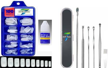 sirf tum 7 Artificial Nails Set With Glue Acrylic fake -False+EAR CLEANER WAX TOOL- SPRING EAR WAX REMOVAL KIT WITH EAR CURETTE