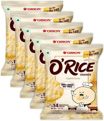ORION O'Rice Cracker - Premium Imported Baked Korean Snack, 5 x 14 Piece Pack Cracker