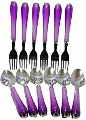 VACULACE Spoon & Fork Plastic Handle Kitchen Set of 12 Contains: 6 Spoons, 6 Forks) Stainless Steel, Plastic Cutlery Set