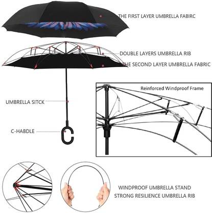 FosCadit Reverse Inverted Windproof Upside Down Umbrellas with C-Shaped Umbrella