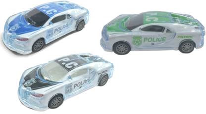 IndusBay 3 Pieces, Inertia Friction Powered Police Car Toy With Lights and Siren Sound