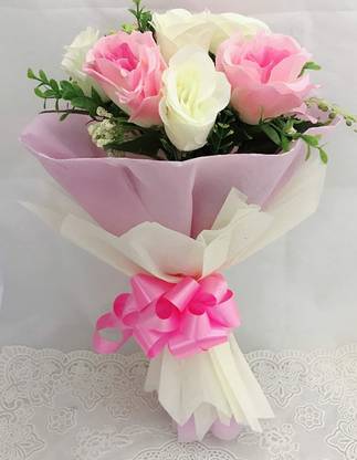 Just Flowers Pink, White Rose Artificial Flower