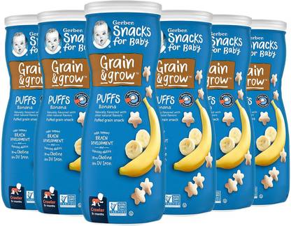 गर्बर Snacks for Baby, Grain & Grow Puffs for Crawler - Banana (Pack of 6) बेबी पफ्स 200 g