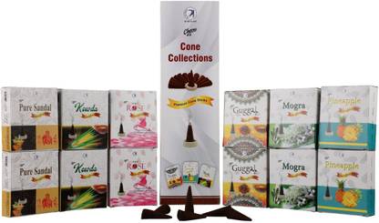 Charu Droop cone collections (Pack -12) Jasmine, Rose, Guggul Dhoop