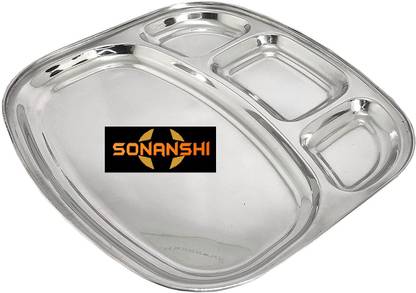 Sonanshi Stainless Steel Curved Shape Bowl Lunch/Dinner Plate/Dosa Thali 4 Compartments Dinner Plate