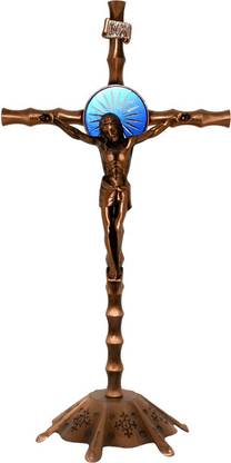 Catholic Liturgicals Altar Cross, Jesus Cross, Bamboo Design - Copper & Blue Decorative Showpiece  -  22 cm