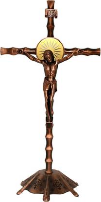 Catholic Liturgicals Altar Cross, Jesus Cross, Bamboo Design - Copper & Yellow Decorative Showpiece  -  22 cm