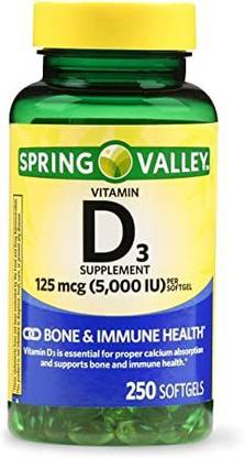 Spring Valley Vitamin D3 Softgels, 5000 IU, 250 Count Bottle