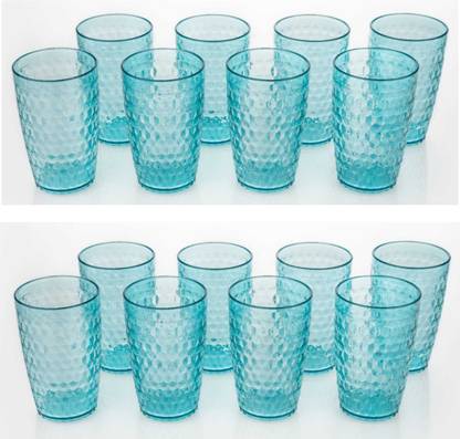 vennux (Pack of 16) New Curved Hexa Pattern Water and Juice Drinking Glass (Blue) Glass Set Water/Juice Glass