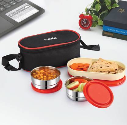 cello Exe Stainless Steel, Red 3 Containers Lunch Box