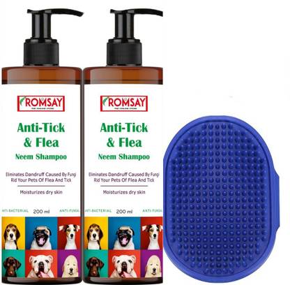 ROMSAY Anti-Tick & Flea Neem Shampoo For Dog & Cat 200ML Pack Of 2 + Pet Bathing Brush Allergy Relief, Anti-fungal, Anti-itching, Flea and Tick, Anti-dandruff Fresh, Neem Dog Shampoo