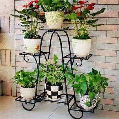 The Plant Fairies 6POT STAND Iron Plant Stand/Plant Stand /6 Pot Holder (Black,) Plant Container Set