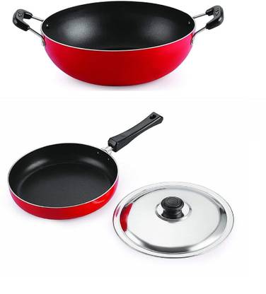 RBGIIT 3 Layer Coated Kadai Kadhai Without Lids & Fry Pan With Handle And Lids Flat Pan 23 cm diameter with Lid 1 L capacity