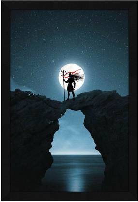 Jitesh Arts God Shiv Shambhu Baba Bholeynath Full moon Landscape Psychedelic Digital Reprint 19.5 inch x 13.5 inch Painting