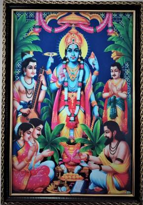 SujArta Satyanarayana Swamy Photo, (Medium Size) 13*9 Inch, 6 mm Board, Vinyl Print Religious Frame