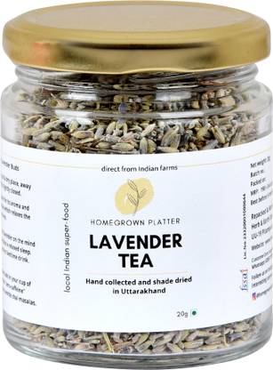 Homegrown Platter Lavender Bud Tea from Uttarakhand [Herbal, Sleep inducing, Detoxifying] Lavender Herbal Tea Glass Bottle