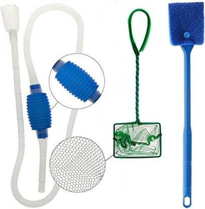 Mr Traders Fish Tank Cleaner (3 Piece Combo) Sypon + Algae Cleaning Brush + 4 Inch Fish Net Aquarium Tool