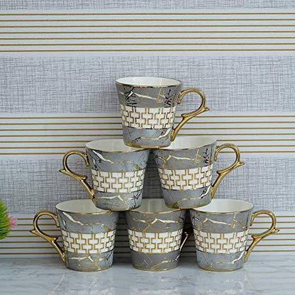 Femora Pack of 6 Bone China Indian Ceramic Fine Bone China Grey Gold Line Tea Cup - 6 Pcs, 155 ML