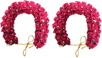 S Mark Bridal Flower Bun Gajra For Women And Girls | Pack Of 2 | (Maroon Stone) Back Pin