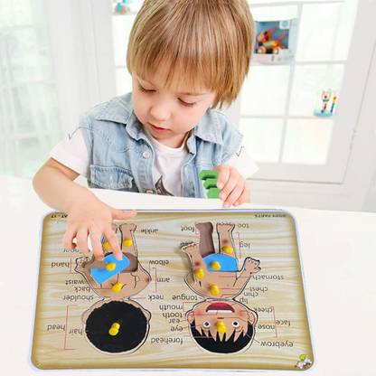 SHALAFI Learning Wooden Human Parts Of Body Name Puzzle with Picture Board with knobs