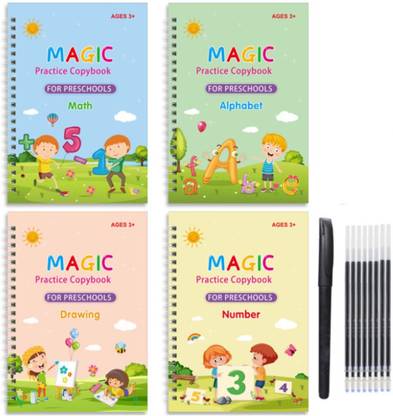 Fluent 4 PCS Magic Practice book for Kids with Pen & Refill Reusable Writing Book