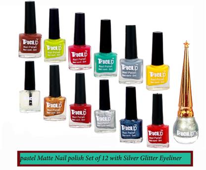 touchup Pastel Matte Nail Polish combo set of 12 With Glitter Silver Eyeliner