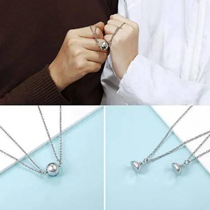 zebisco Big Size Round Magnetic Ball Shape Love Couple Promise 2 In 1 Duo Locket Sterling Silver Stainless Steel Pendant Set
