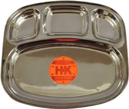 Super HK Stainless Steel Curved Shape Bowl Dinner/Lunch Plate/Dosa Thali 4 Compartments Sectioned Plate