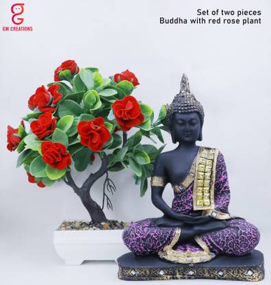 GW Creations Beautiful Meditating Lord Buddha With Bonsai Plant Decorative Showpiece  -  23 cm