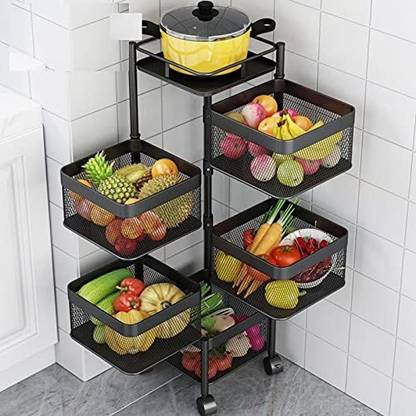 Home Cube 1pc 5 Layer Kitchen Rotating Trolley Fruits & Vegetable Storage Rack Iron Kitchen Trolley