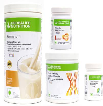 Herbalife Nutrition FORMULA1SHAKE BANANA CARAMEL+PP200+AFRESH CINNAMON+ CELL U LOSS TABLET Protein Shake