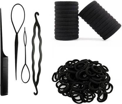 Sharum Crafts 4Pc Comb Set, 20 Rubber Black & 10 Black Rubber Band Hair Accessory Set