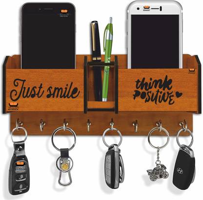 Heritagecrafts Just Smile Think Positive Unique Wooden 2 Pocket Mobile and Pen holder 8 Hooks Wood Key Holder