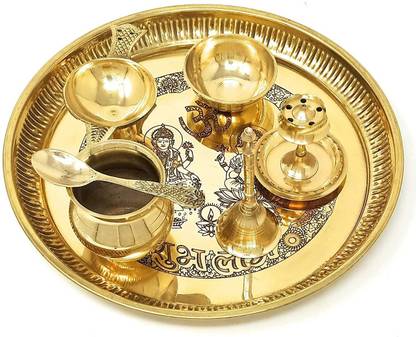 BENGALEN Ganesh Lakshmi Design Brass Pooja Thali Set Puja Mandir Diwali Return Gift Items Brass